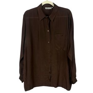 Olsen 100% Silk Elegant Brown Long Sleeve Buttoned Down Blouse Size XL
